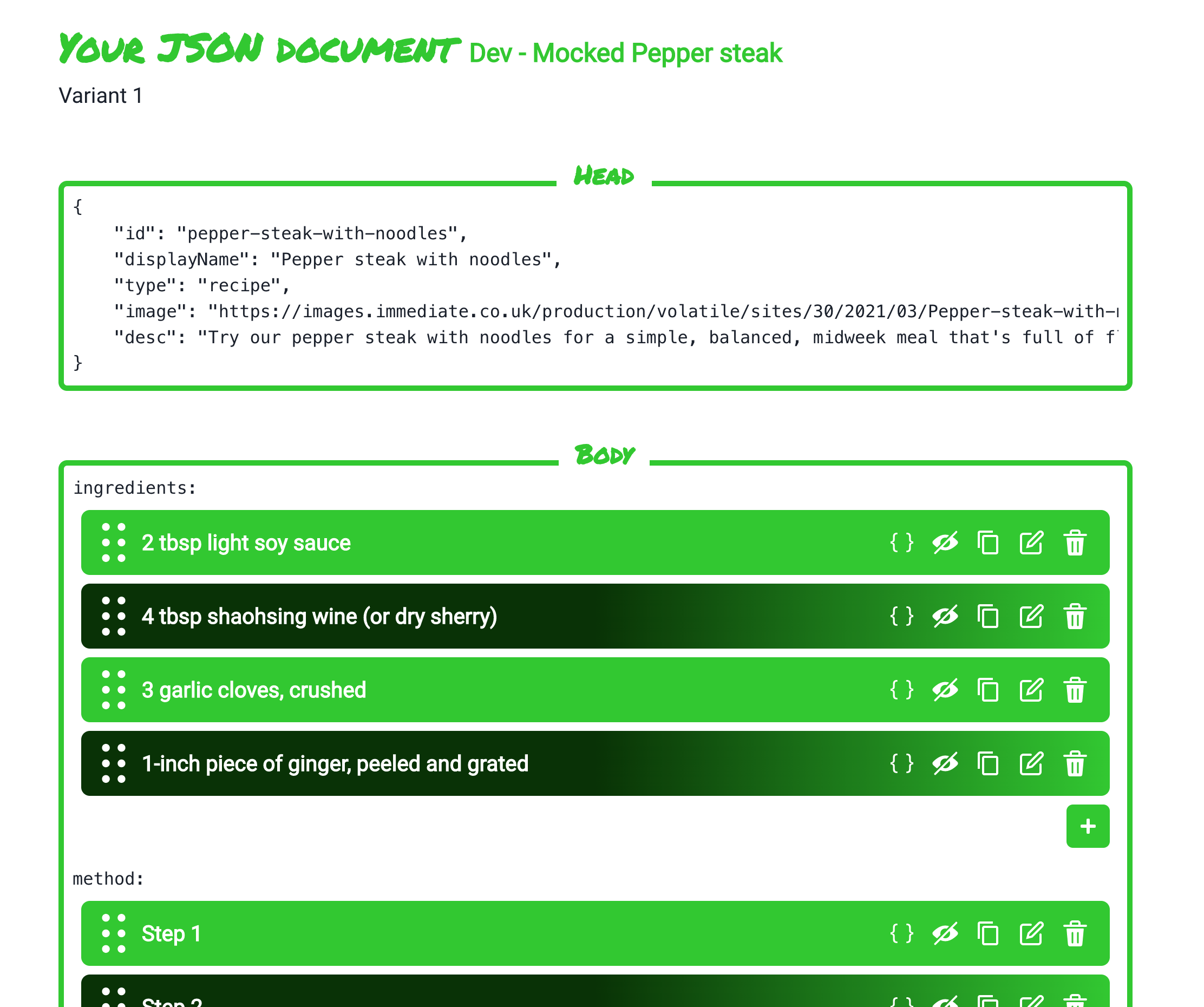 tyny.dev Editor view for Pepper Steak recipe
