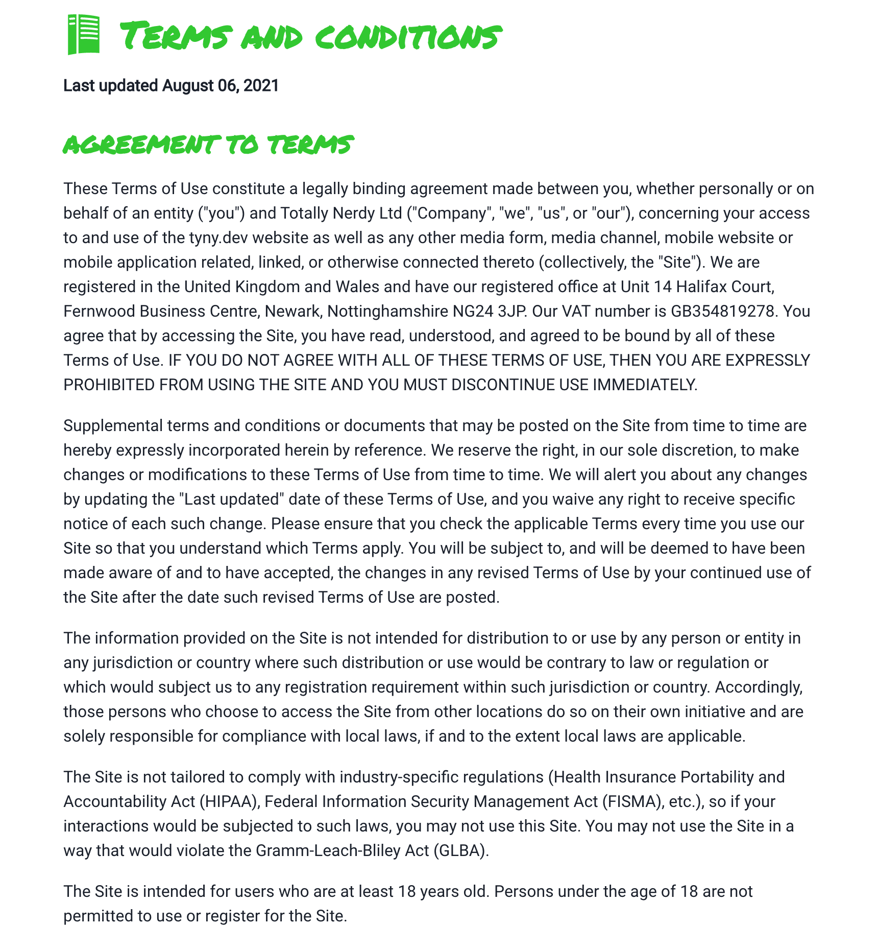 tyny.dev TnCs on website